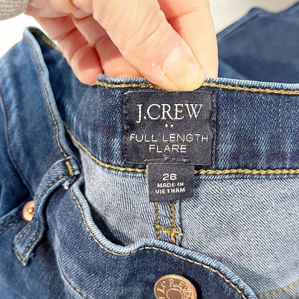 J. Crew Mid Rise Full Length Flare Jeans Signature Stretch Dark Wash Blue 26
