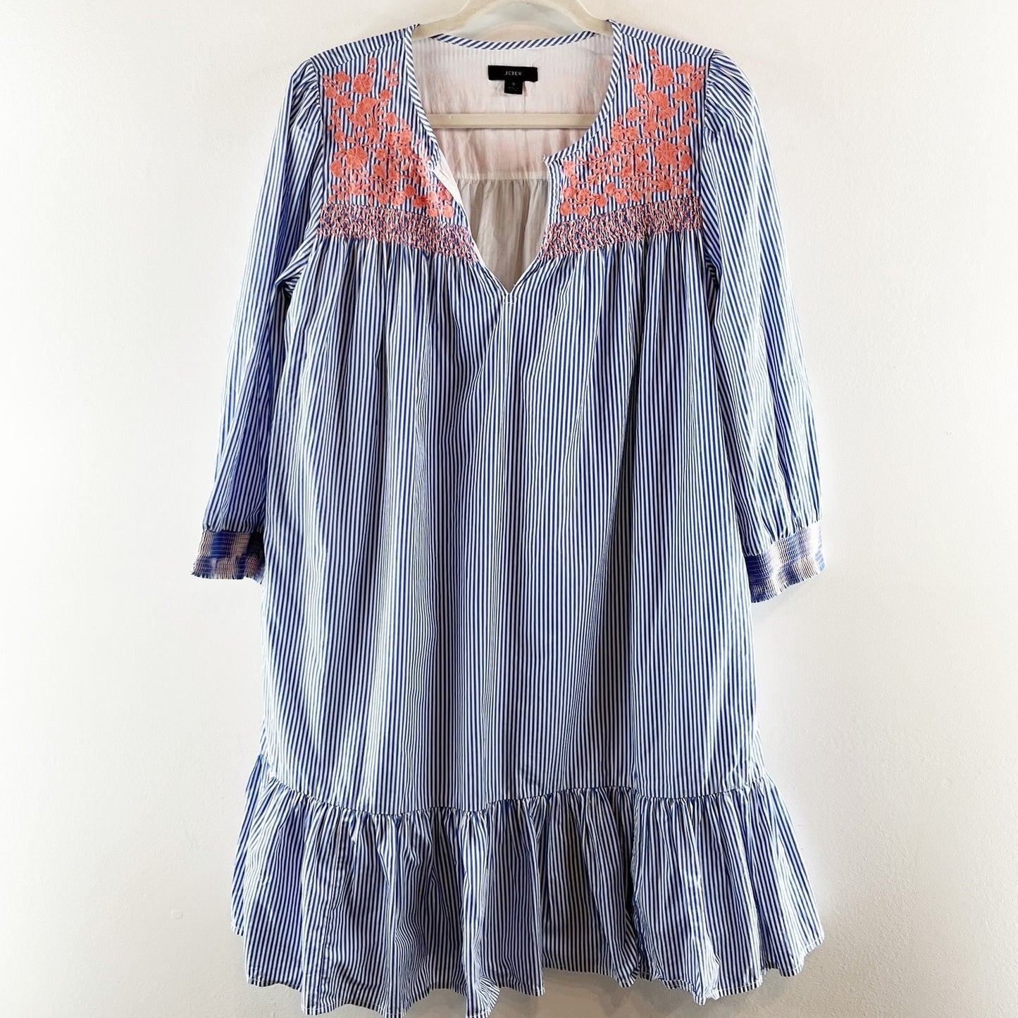 J. Crew Leda Popover Embroidered Striped 3/4 Sleeve Cotton Mini Dress Blue Small