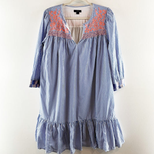 J. Crew Leda Popover Embroidered Striped 3/4 Sleeve Cotton Mini Dress Blue Small