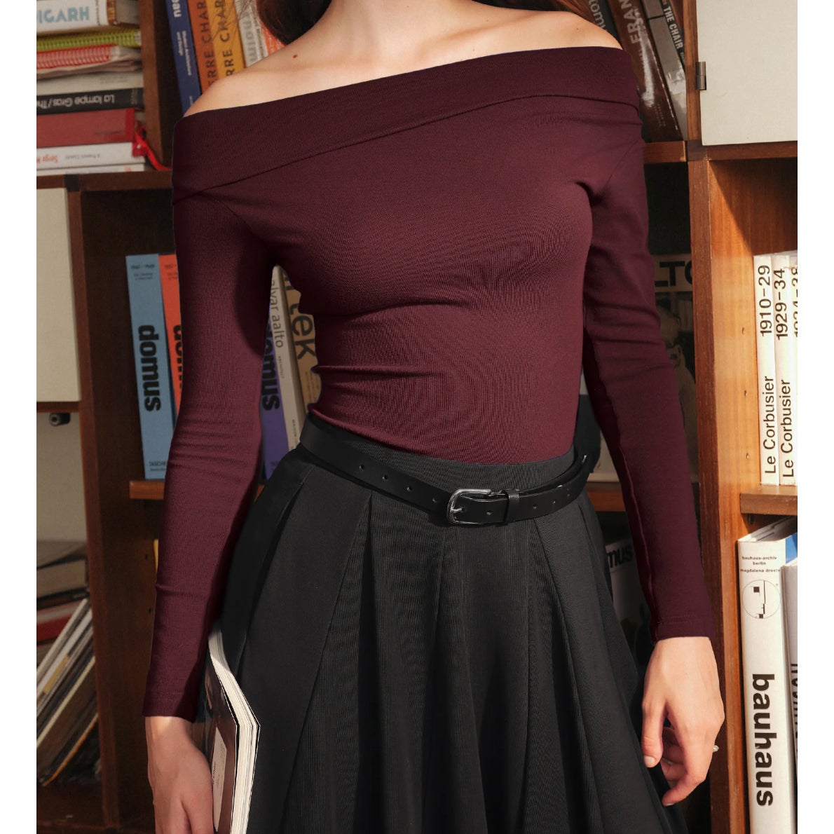 OGL Litewarm Convertible Neck Off Shoulder Long Sleeve Top Built In Bra Ruby S