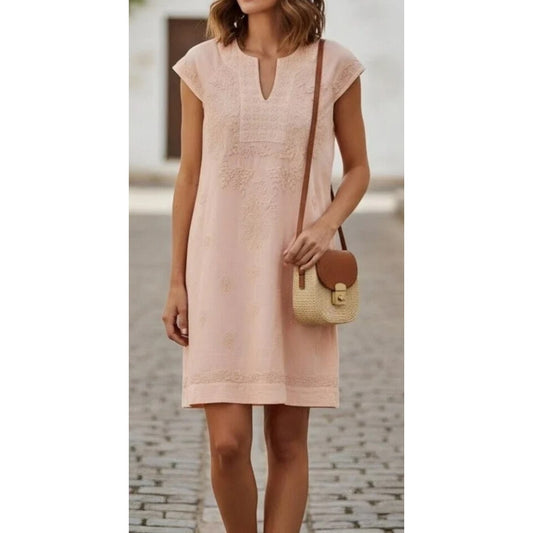 Roller Rabbit Faith Embroidered Short Sleeve Shift Mini Tunic Dress Coral XL