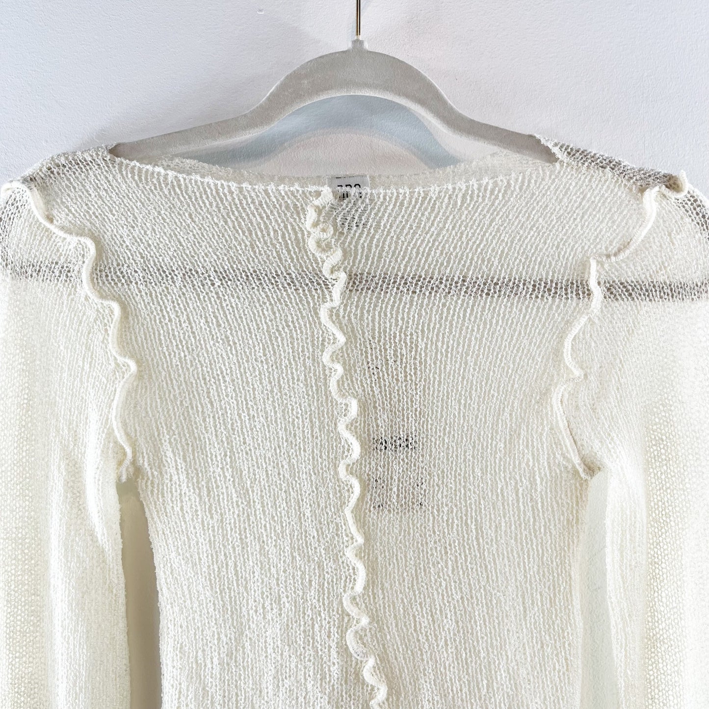 Urban Outfitters Sheer Boatneck Lettuce Trim Bell Sleeve Sweater Top Cream Small