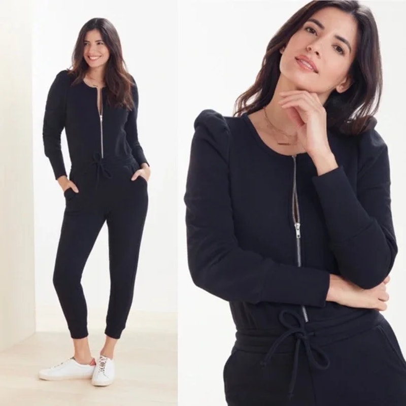 Chaser French Terry Puffed Sleeve Zip Front Drawstring Jogger Jumpsuit Black M