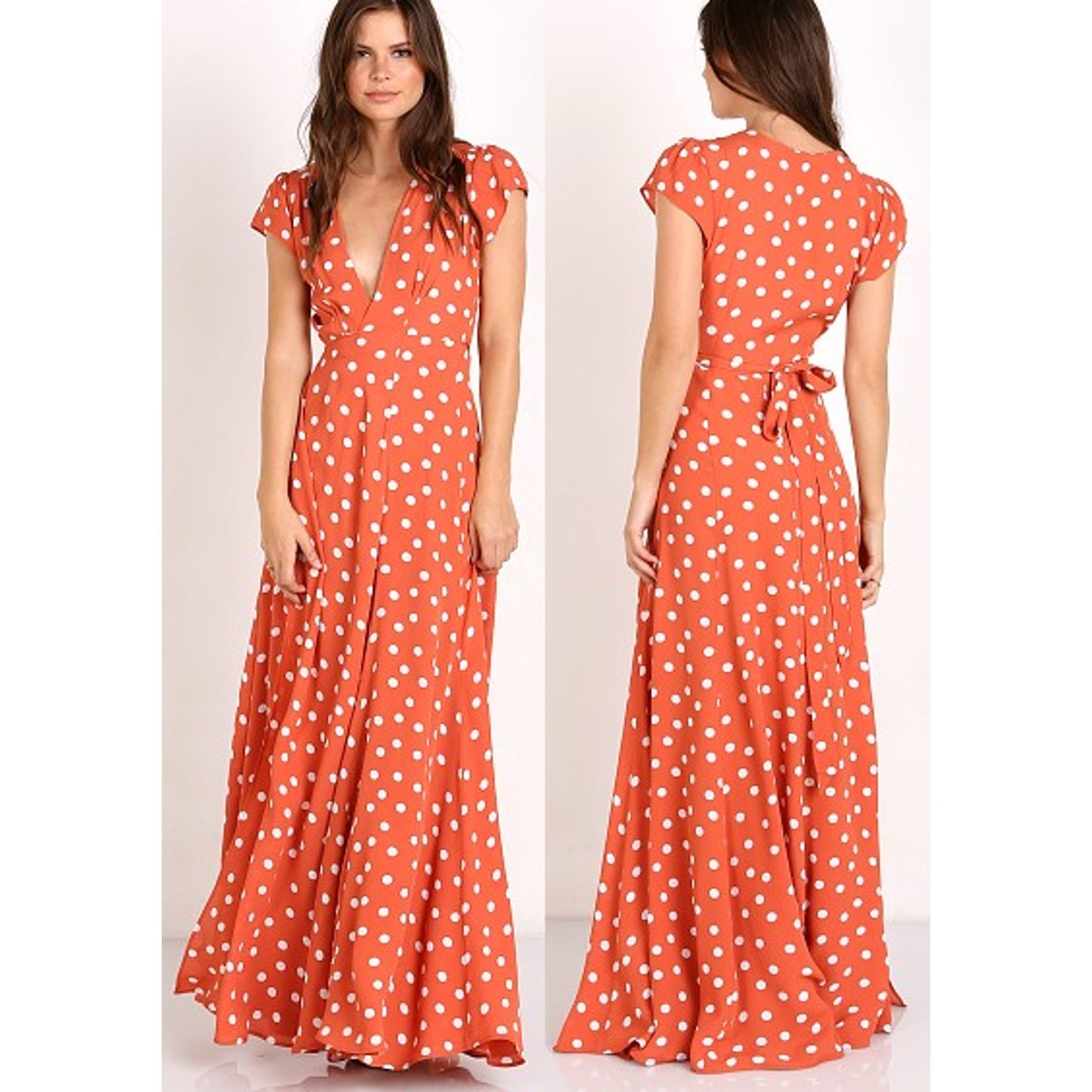 Tularosa Sid Polka Dot Cap Sleeve Plunging Neck Maxi Wrap Dress Roselle XL