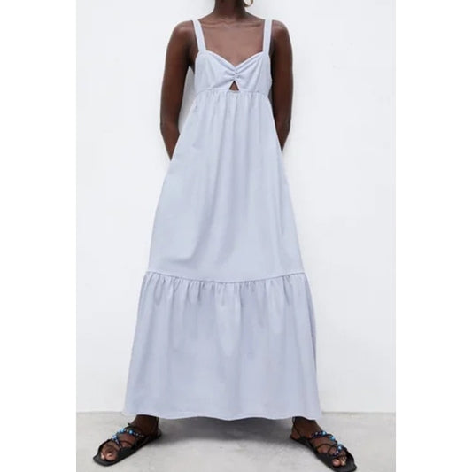 Zara Sleeveless Gathered Front Cotton Tiered Maxi Dress Light Baby Blue Large
