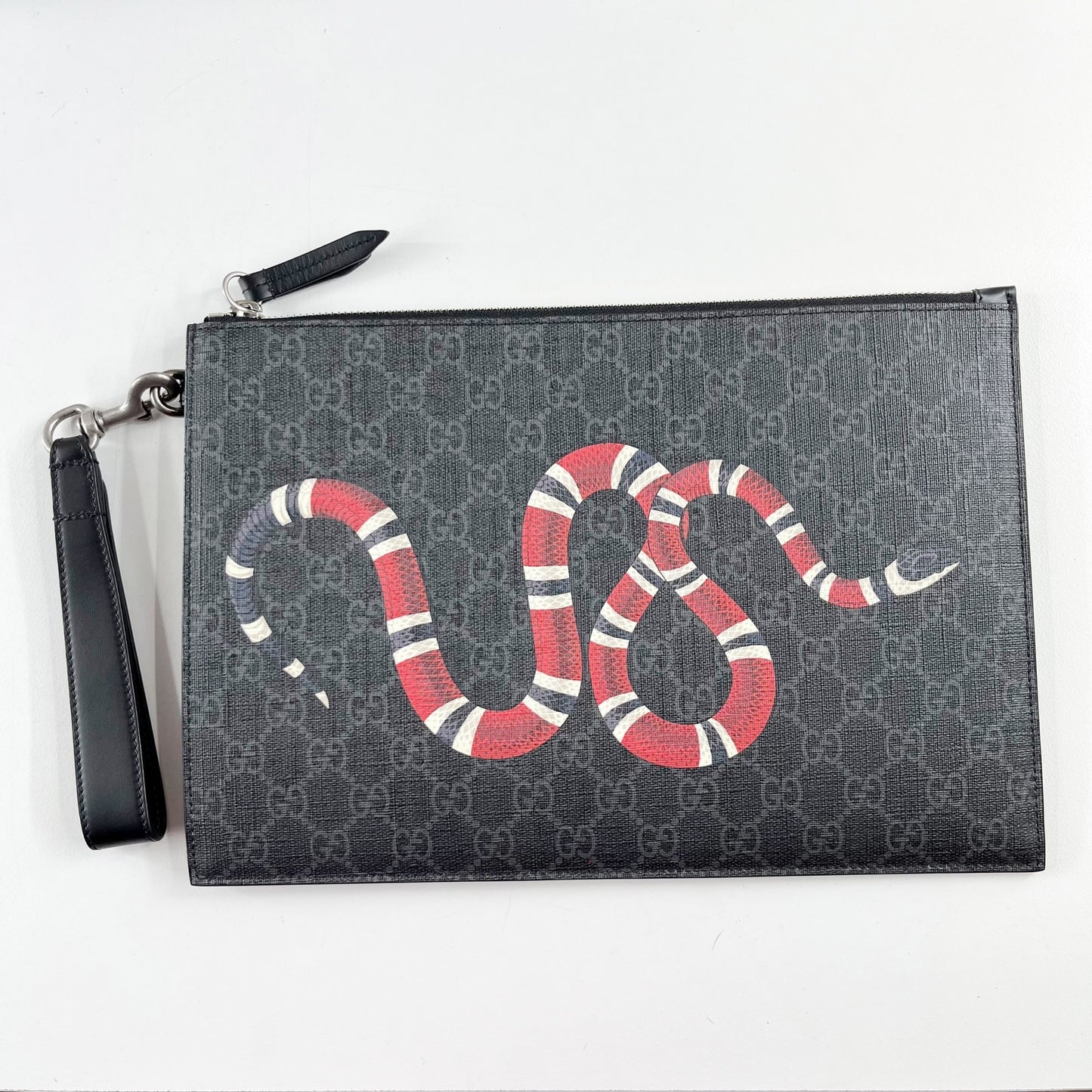 Gucci GG Supreme Kingsnake Canvas Pouch Wristlet Wallet Black