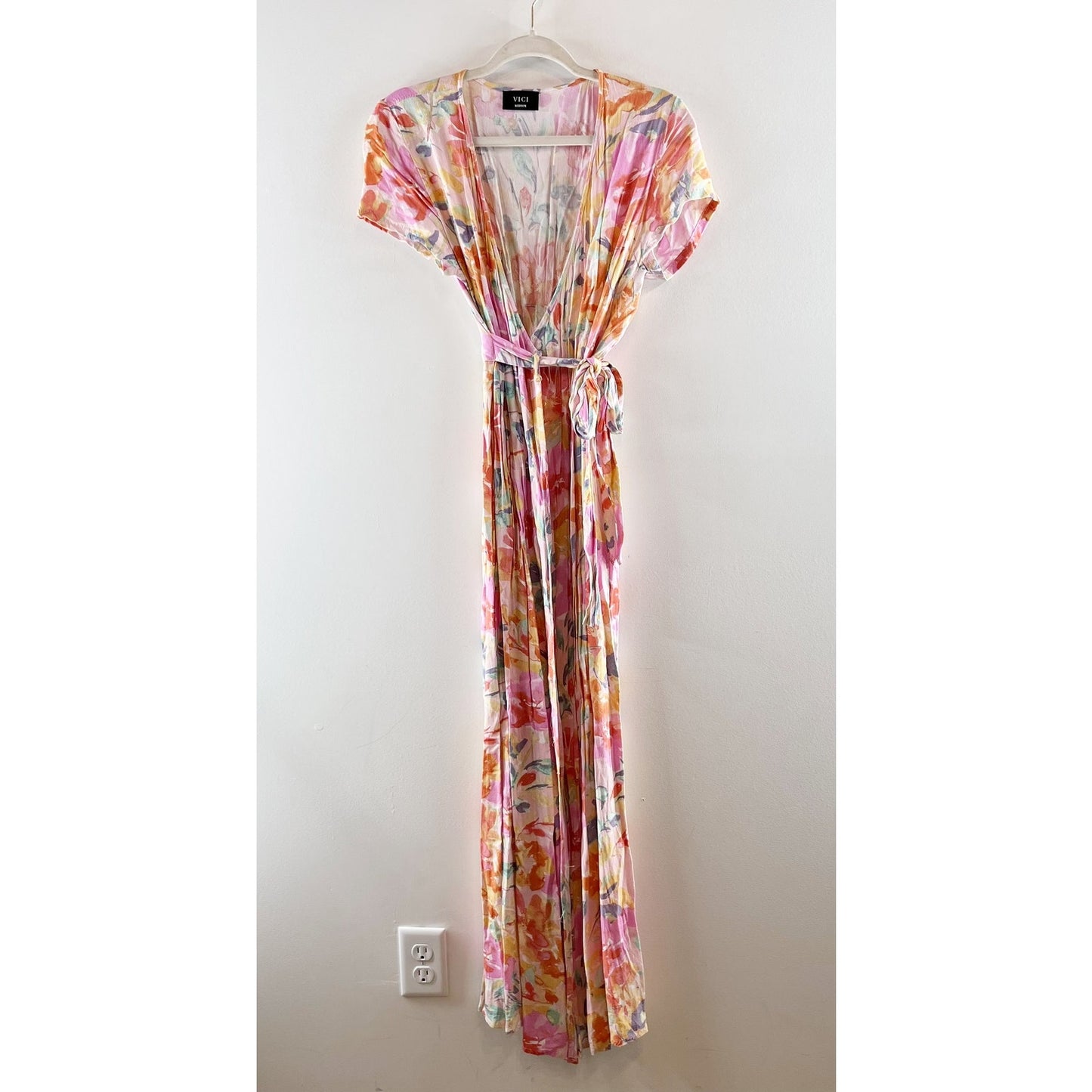 VICI Floral Print V Neck Short Sleeve Wrap Maxi Dress Pink Medium
