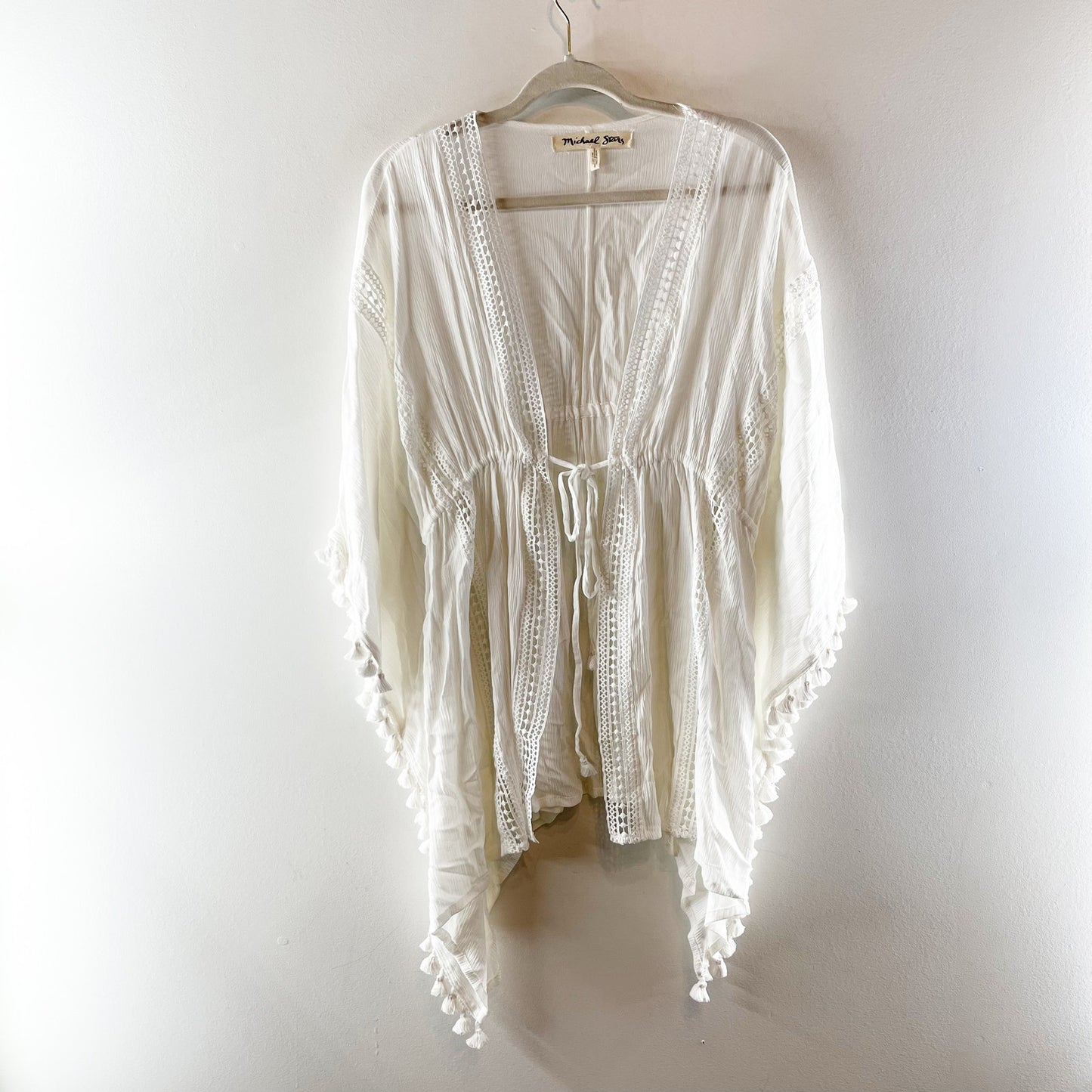 Michael Stars Honeymoon Caftan Cover-Up Mini Dress Tassel Trim White One Size
