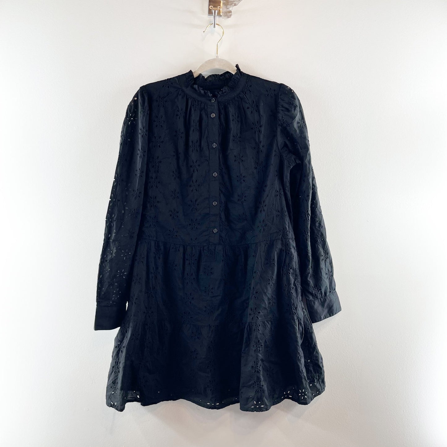 GAP Eyelet Long Sleeve Button Up Cotton Tiered Mini Shirtdress Black Small