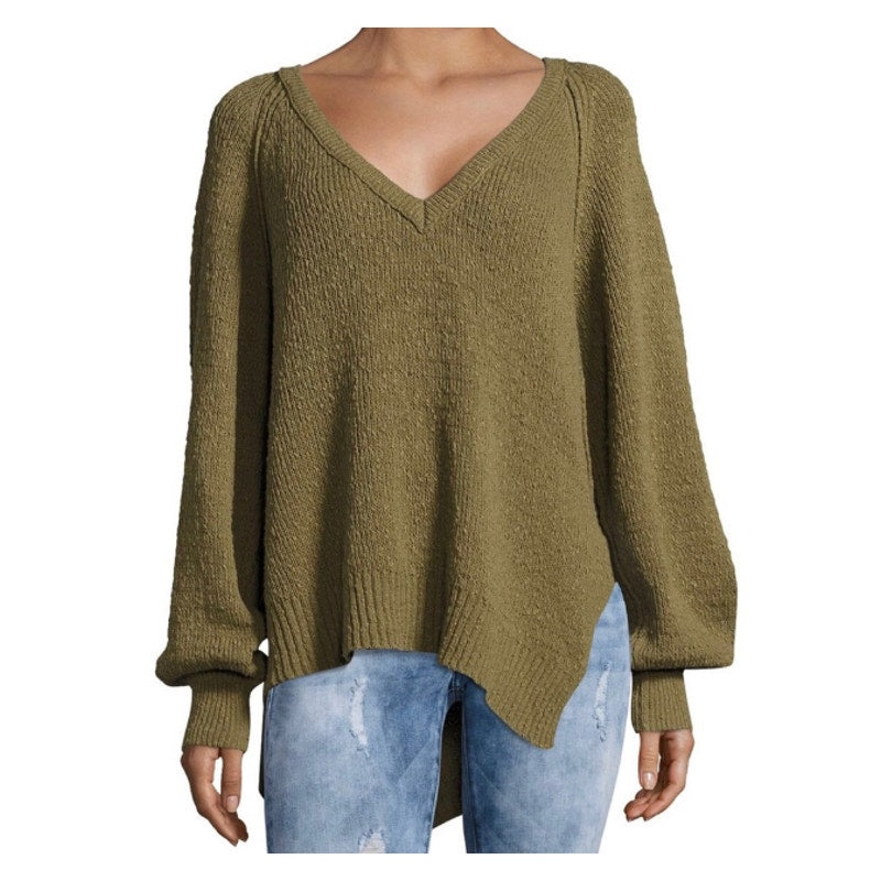Free People West Coast Asymmetrical V Neck Long Sleeve Sweater Green XS