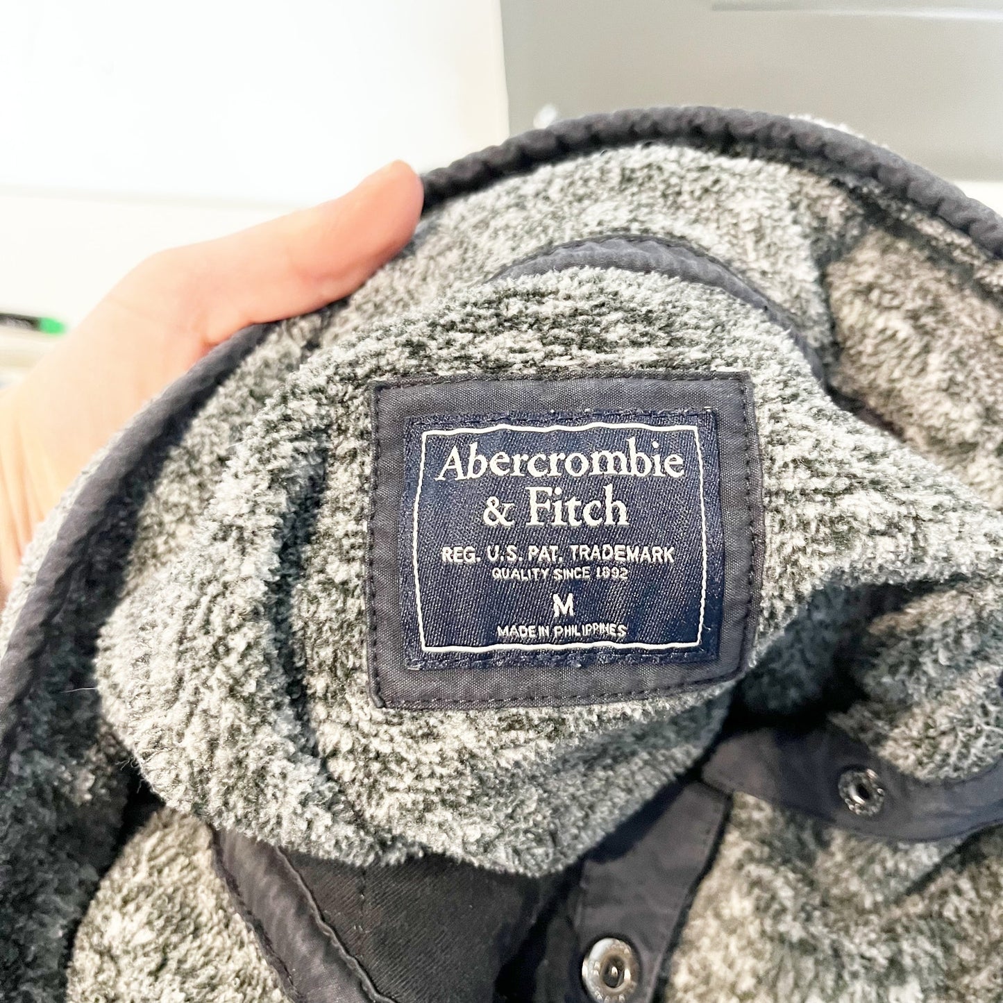 Abercrombie & Fitch Asymmetrical Snap Fleece Jacket Gray Navy Blue Medium