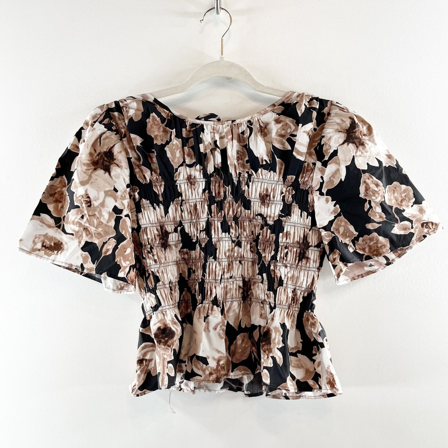 Rails Puff Short Sleeve Floral Rosie Smocked Top in Sepia Roses Black Small