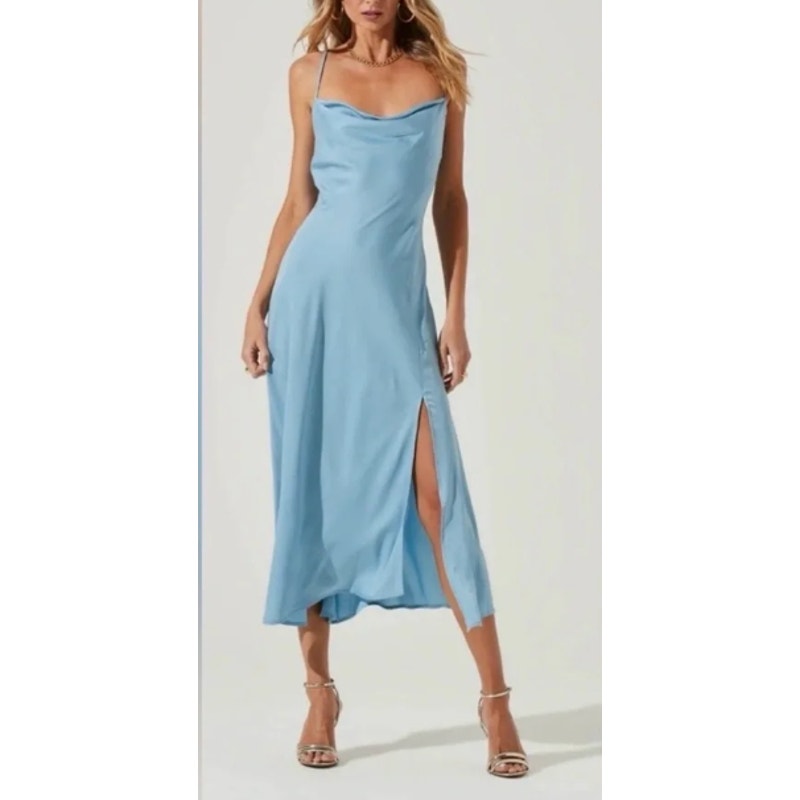 ASTR Midi Satin Gaia Slip Dress in Sky Blue Small