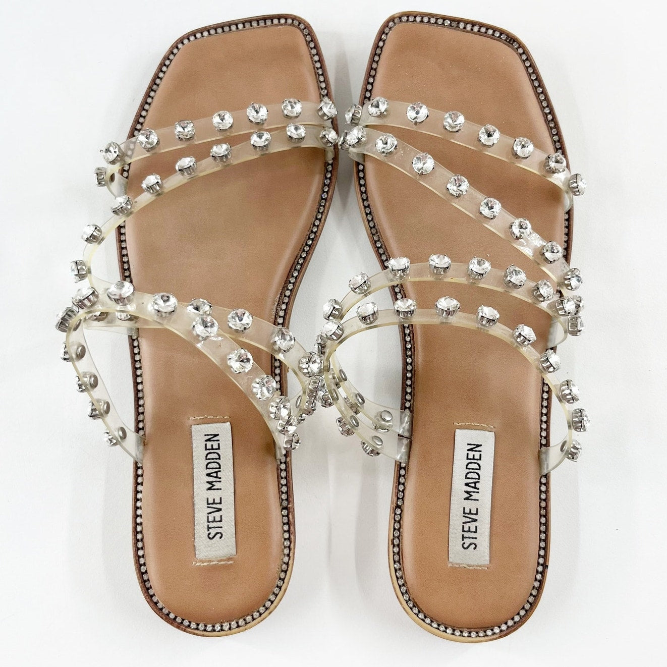 Steve Madden Skyler Embellished Rhinestone Strappy Studded Flat Sandal Clear 8.5