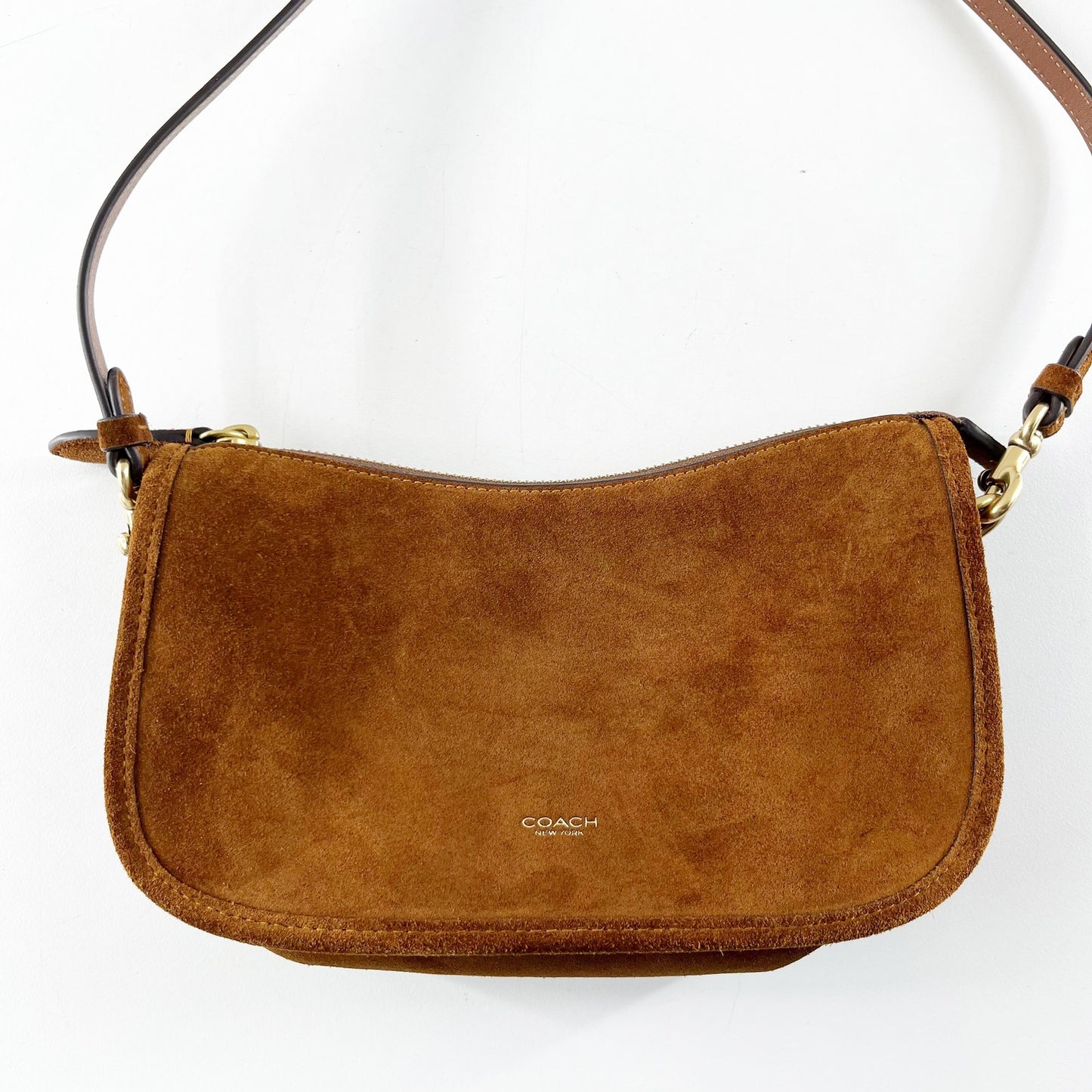 Coach Suede Waverly Shoulder Handbag Purse with Chain Strap Warm Brown