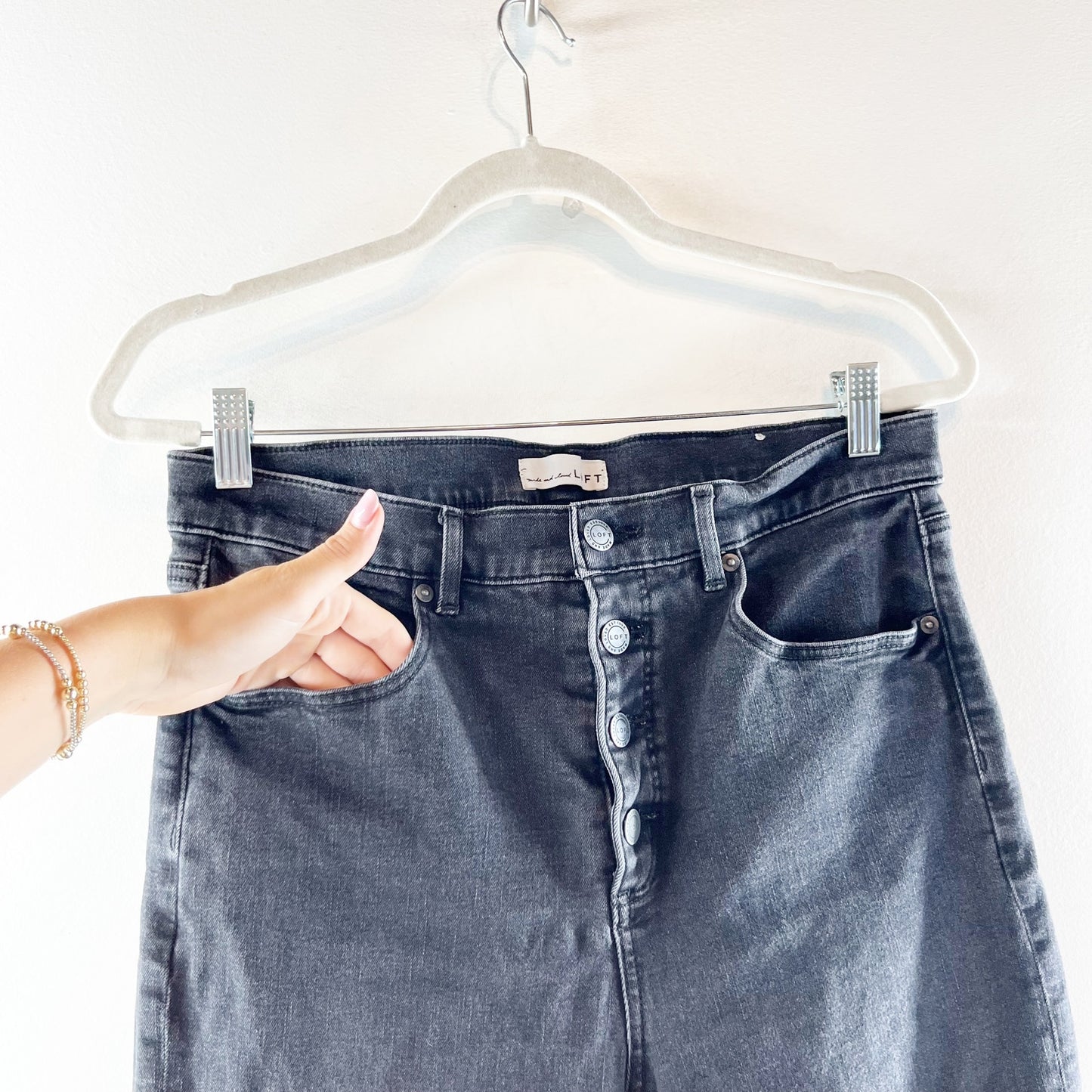 LOFT High Waist Flare Crop Raw Hem Button Fly Jeans Black 12