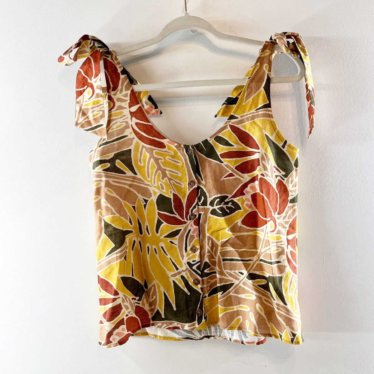 Sezane Tropical Print Scoopneck Tie Strap Linen Cotton Tank Top Yellow 36 / US 4