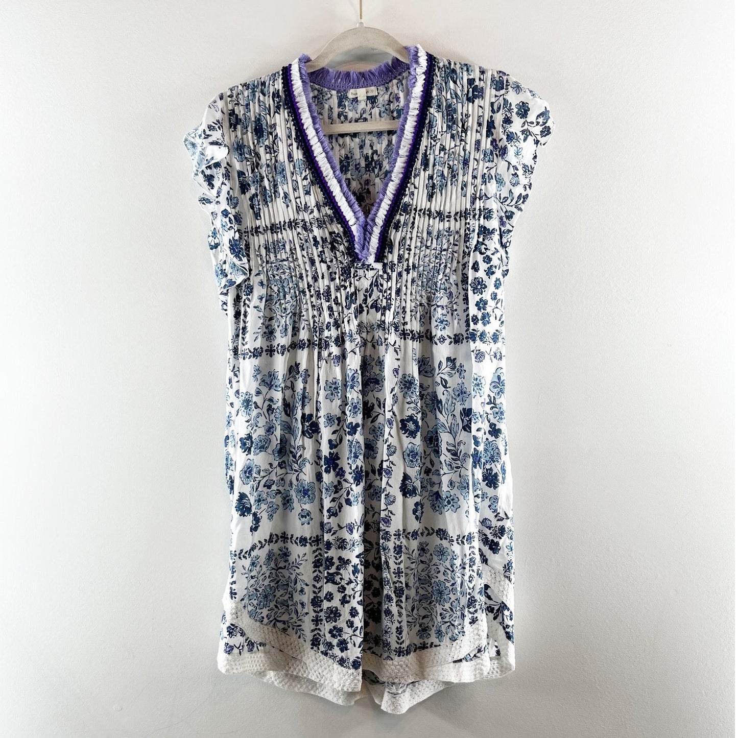 Poupette St. Barth Sasha Floral V-Neck Mini Dress White Blue Foulard Small
