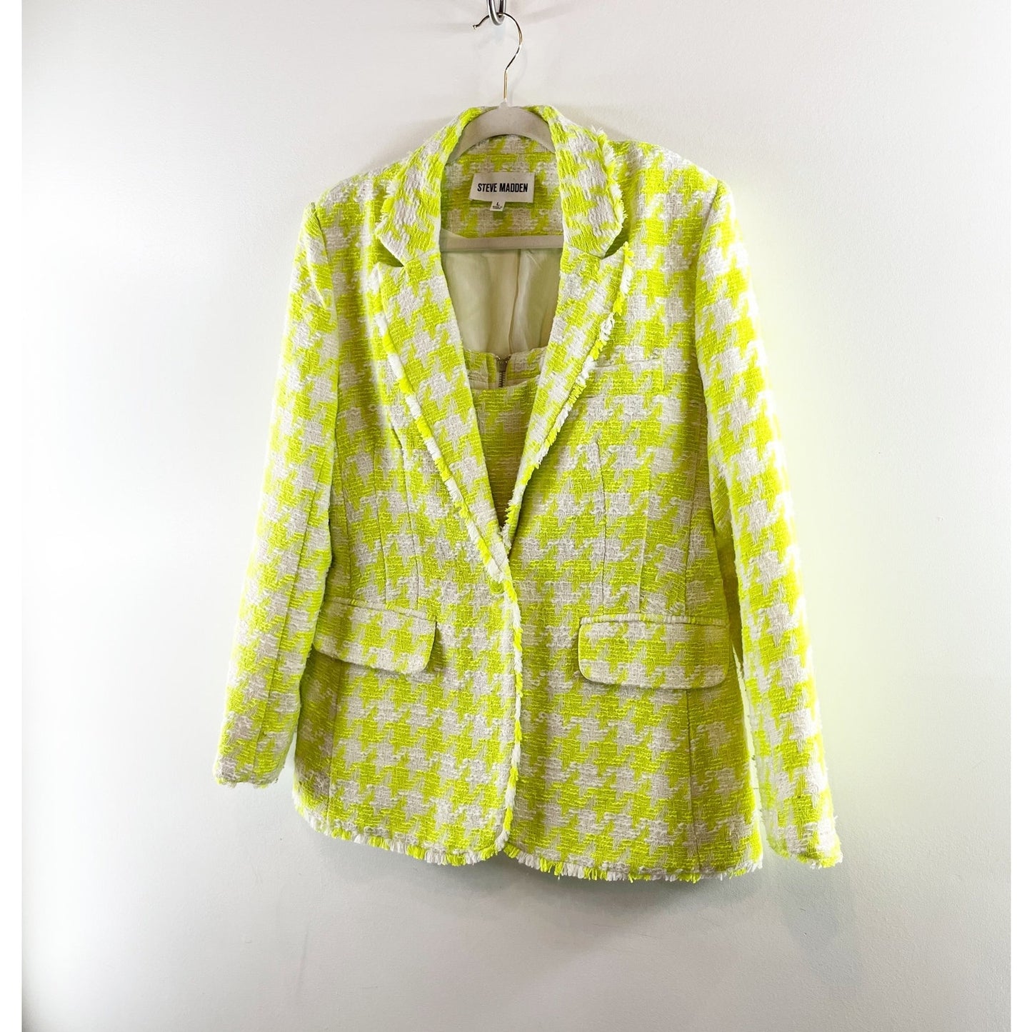 Steve Madden Houndstooth Tweed Layla Crop Tank Top & Harlow Blazer Set Lime L