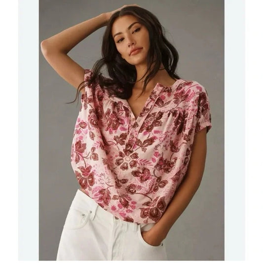 Pilcro by Anthropologie Floral Print Short Sleeve Henley Blouse Top Pink XS