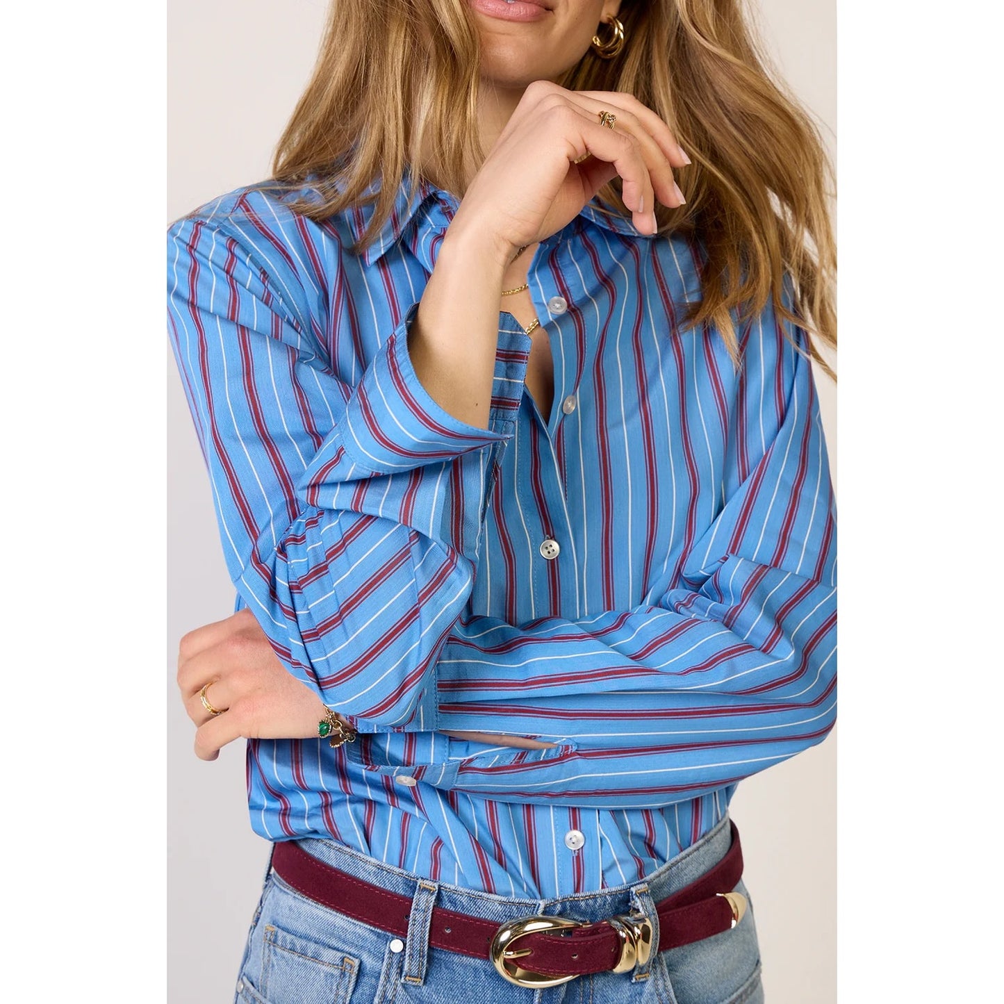 Z Supply Frankie Poplin Long Sleeve Striped Button Down Shirt Pacific Blue XL