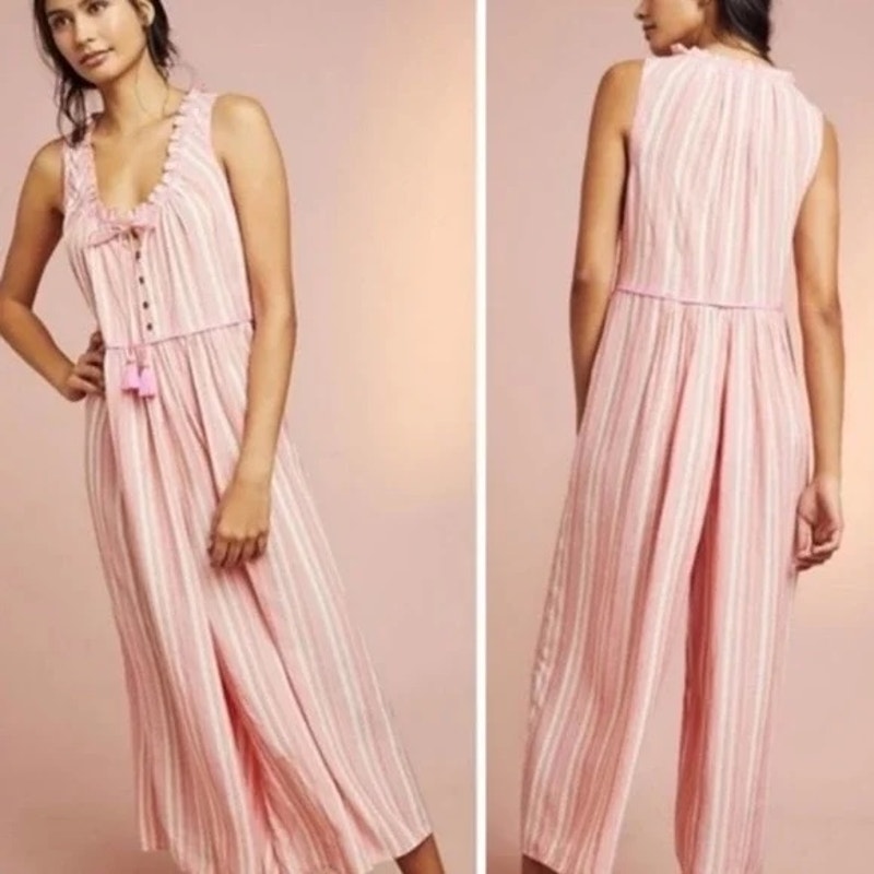 Anthropologie Visayas Striped Cropped Wide Leg Jumpsuit Pink Orange XS