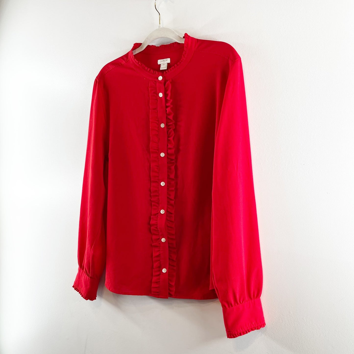 J. Crew Ruffle Front Long Sleeve Button Up Shirt Blouse Red XXL