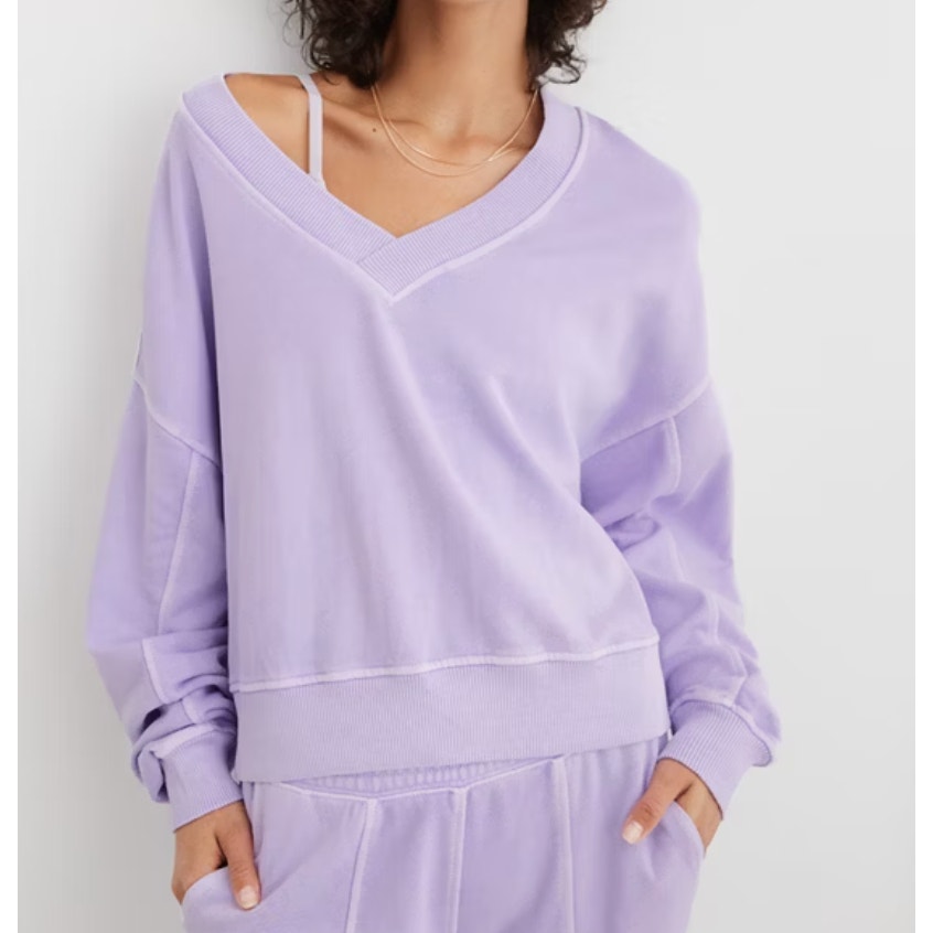 Aerie House Party Long Sleeve V Neck Sweatshirt Purple Medium