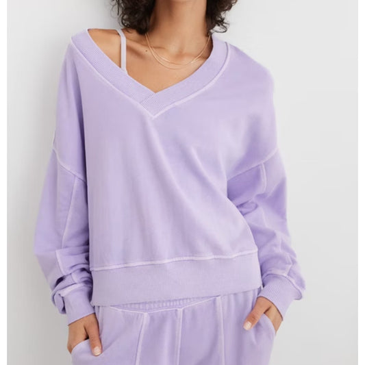 Aerie House Party Long Sleeve V Neck Sweatshirt Purple Medium