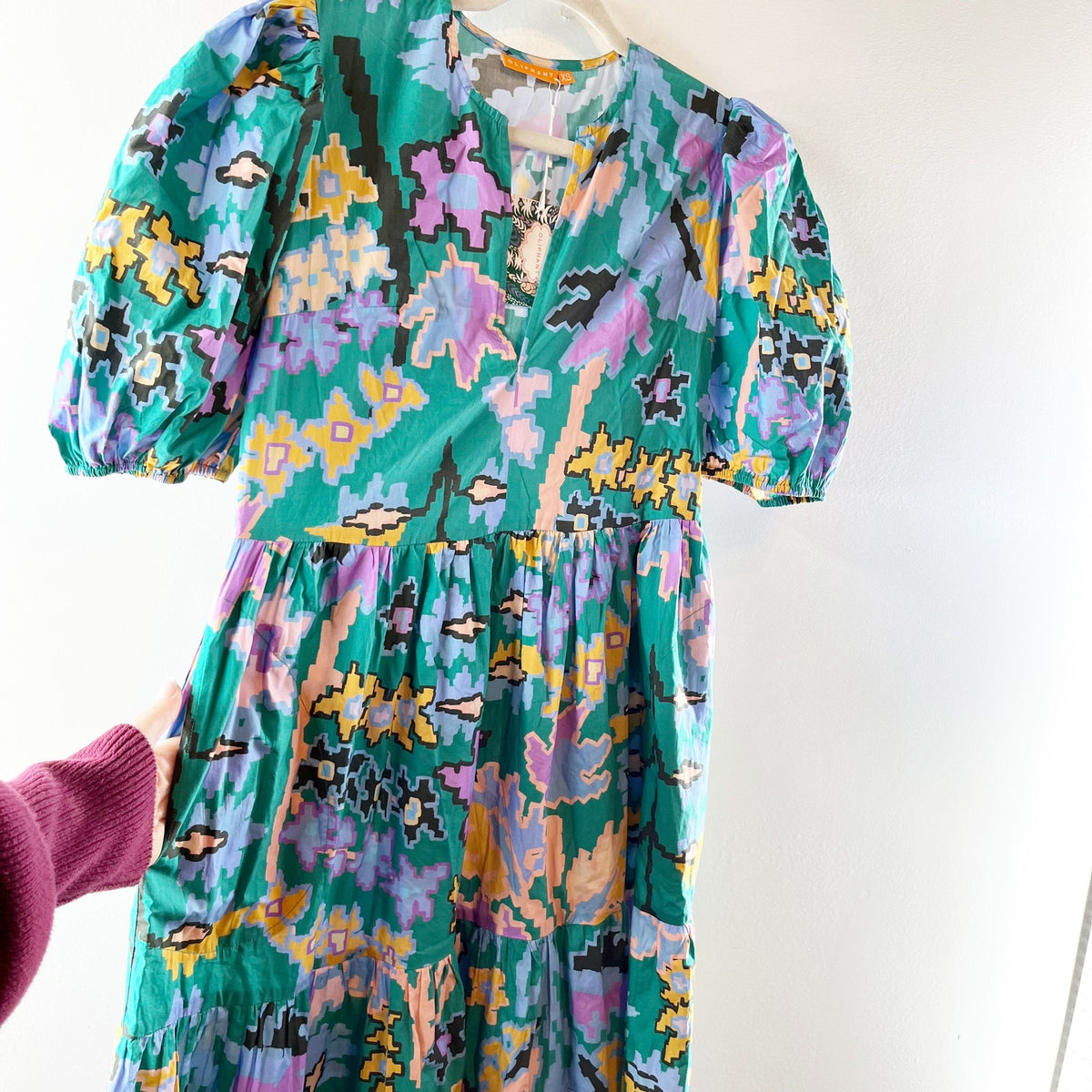 Oliphant 100% Cotton Puff Sleeve V-Neck Tiered Maxi Dress Bukhara Green XS
