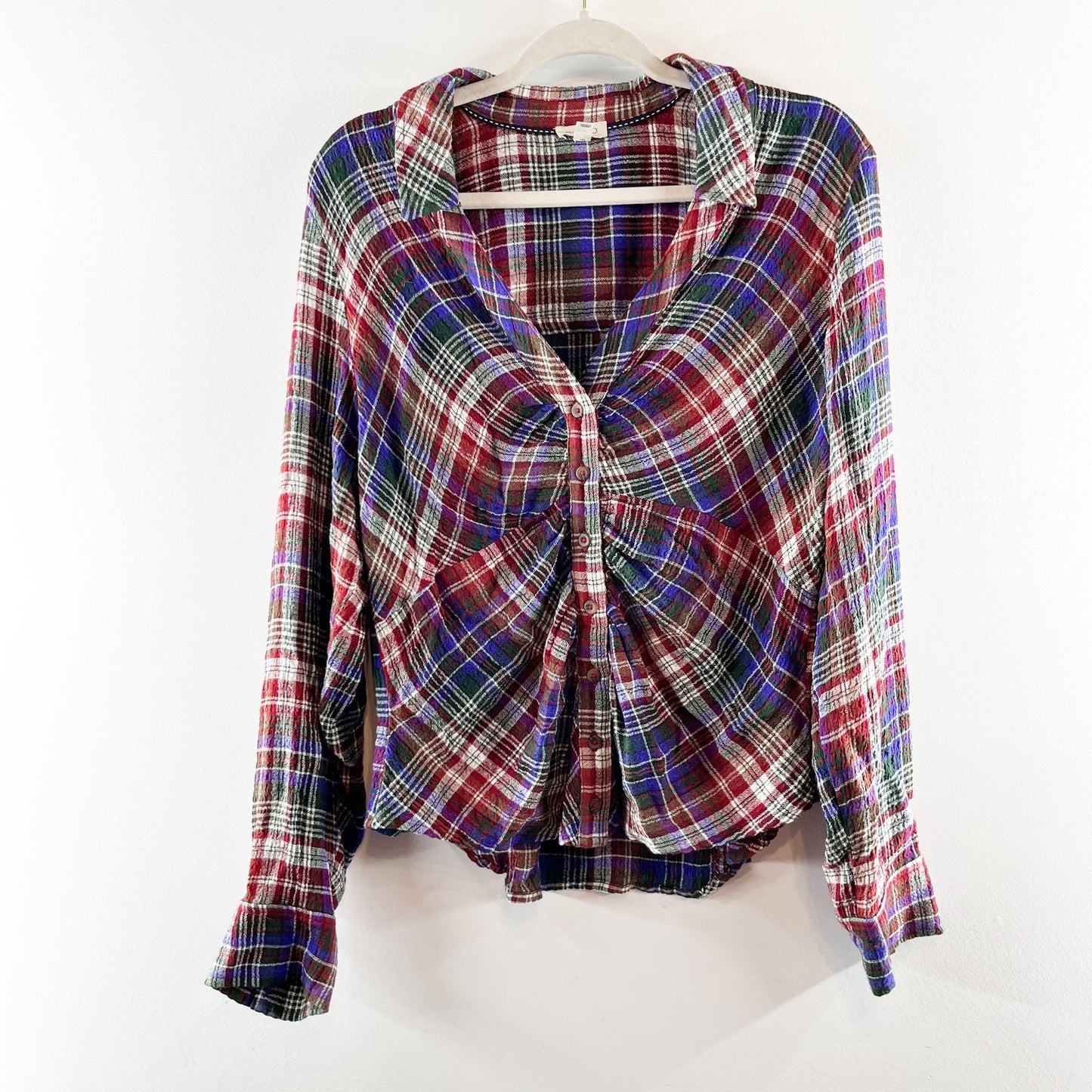 Anthropologie Pilcro Ruched Deep V Plaid Buttondown Shirt Blue Red Large