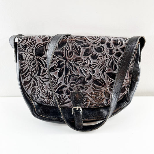 Patricia Nash Rosolino Leather Tooled Floral Flap Crossbody Bag Black