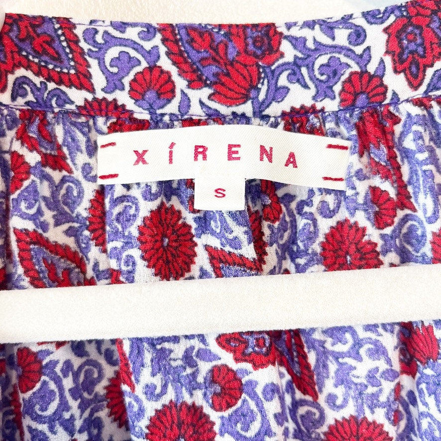 Xirena Short Sleeve Cotton Printed Sam Button Front Top Blouse Purple Red Small
