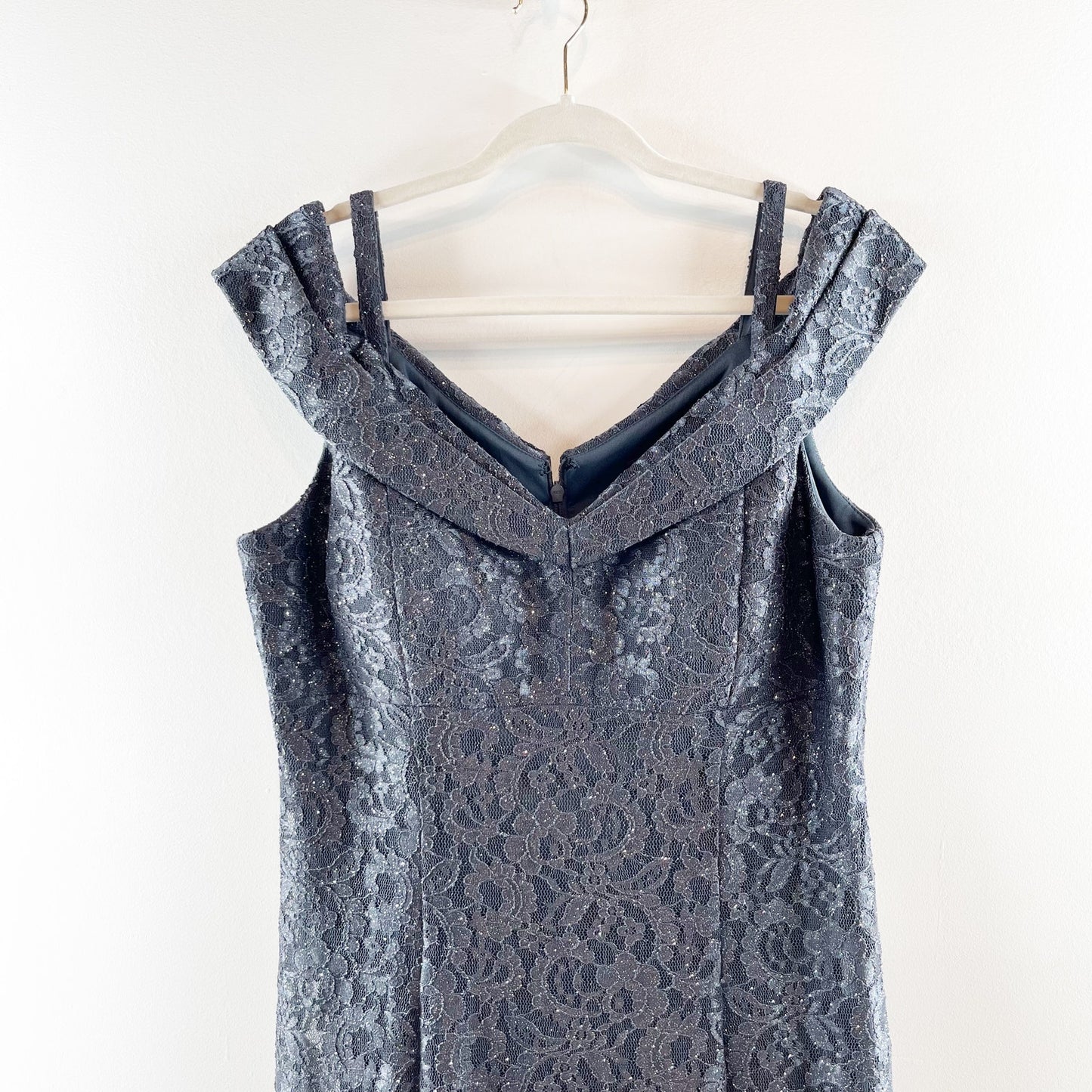 R&M Richards Off The Shoulder Lace Maxi Dress Gown Navy Blue 14