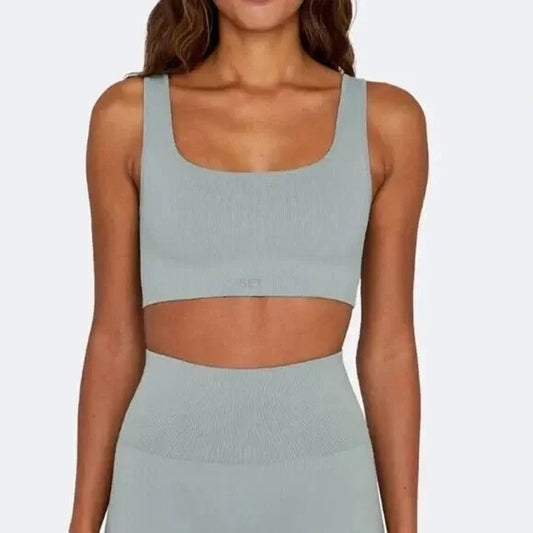 SET Active Sculptflex Power Ribbed Sports Bra Bike Short Set Muted Blue Large
