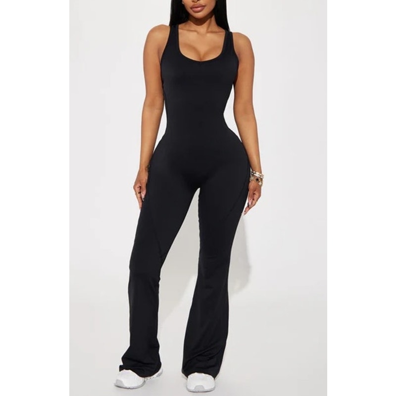 Fashion Nova Let's Get Active Sleeveless Flare Jumpsuit Black Medium