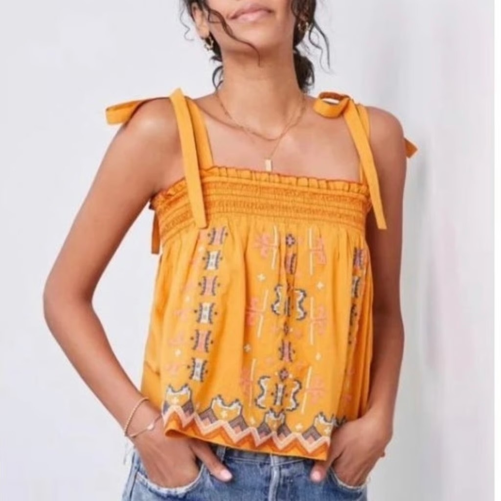 Anthropologie Tie Strap Embroidered Square Neck Tank Top Yellow XS