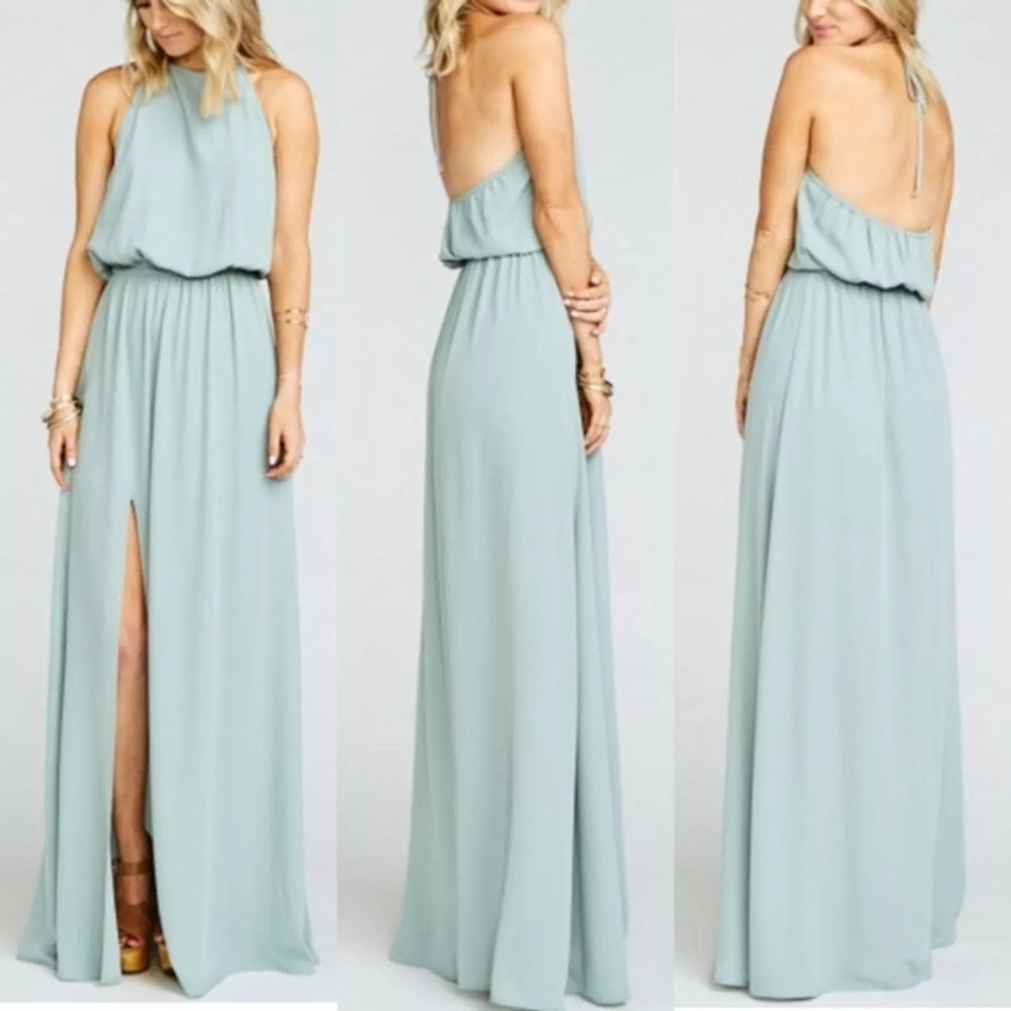 Show Me Your Mumu Sleeveless Slit Heather Halter Maxi Dress Light Green Large