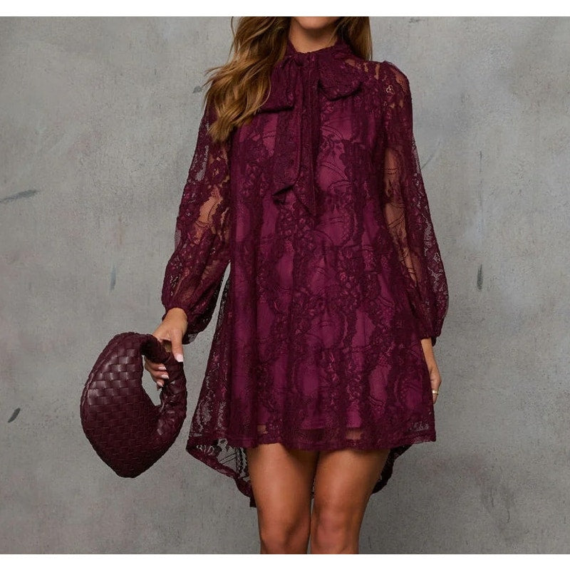 VICI Rather Be Necktie Lace Long Sleeve Tunic Mini Dress Maroon Burgundy Small