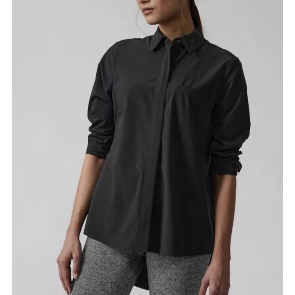 Athleta Urbanite Long Sleeve Chest Pocket Hi-Low Button-Up Shirt Black Large