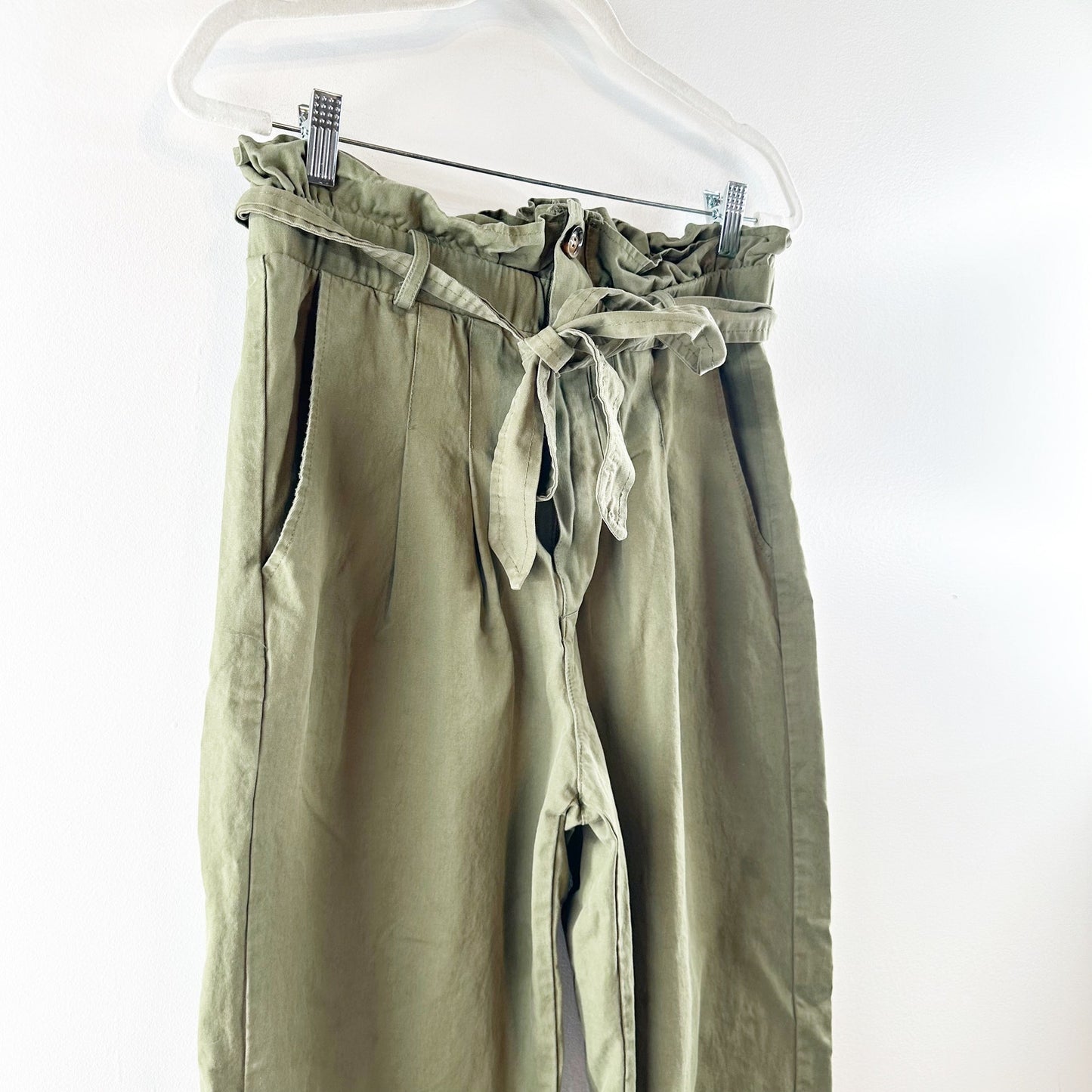 7 For All Mankind High Rise Paperbag Tapered Pants Olive Green Small