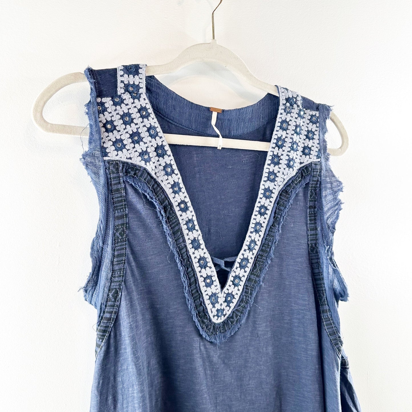 Free People Embroidered Cotton Linen Sleeveless Muscle Tank Top Blue XS