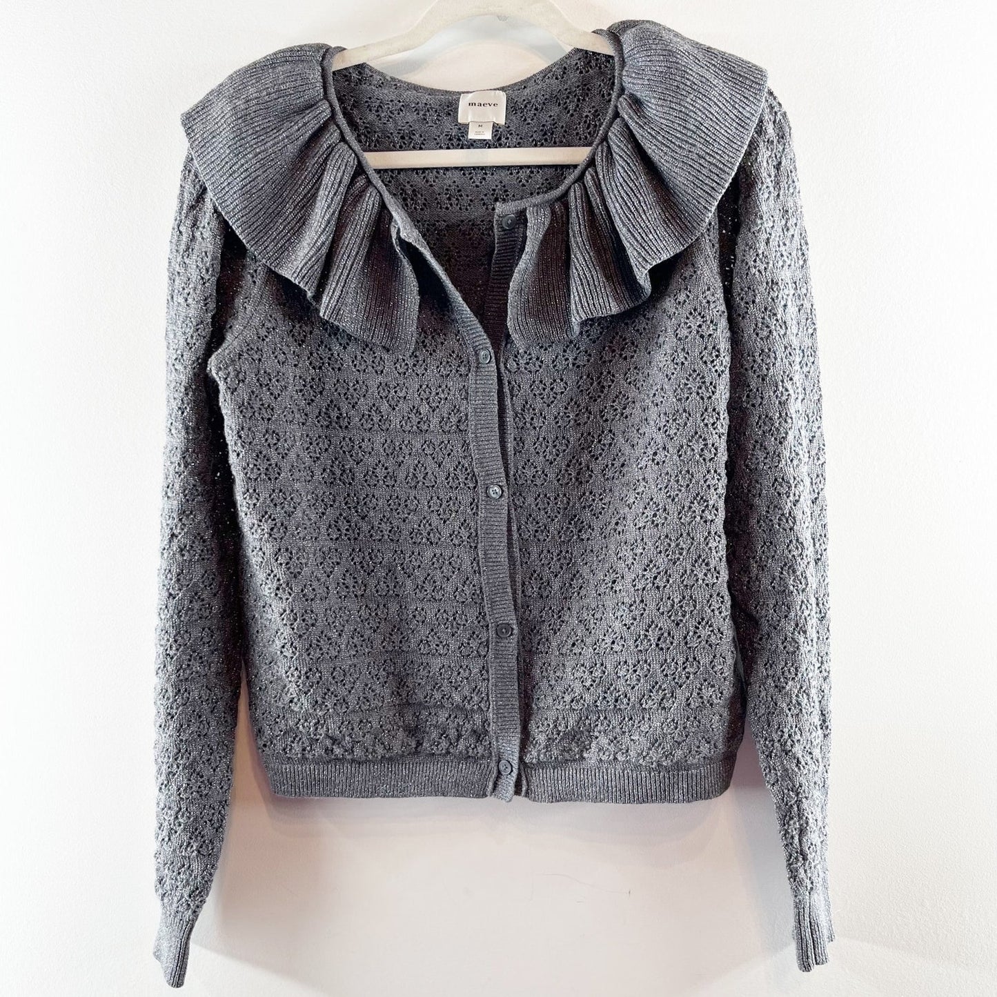 Maeve Anthropologie Wool Blend Pointelle Cardigan Sweater Carbon Gray Medium