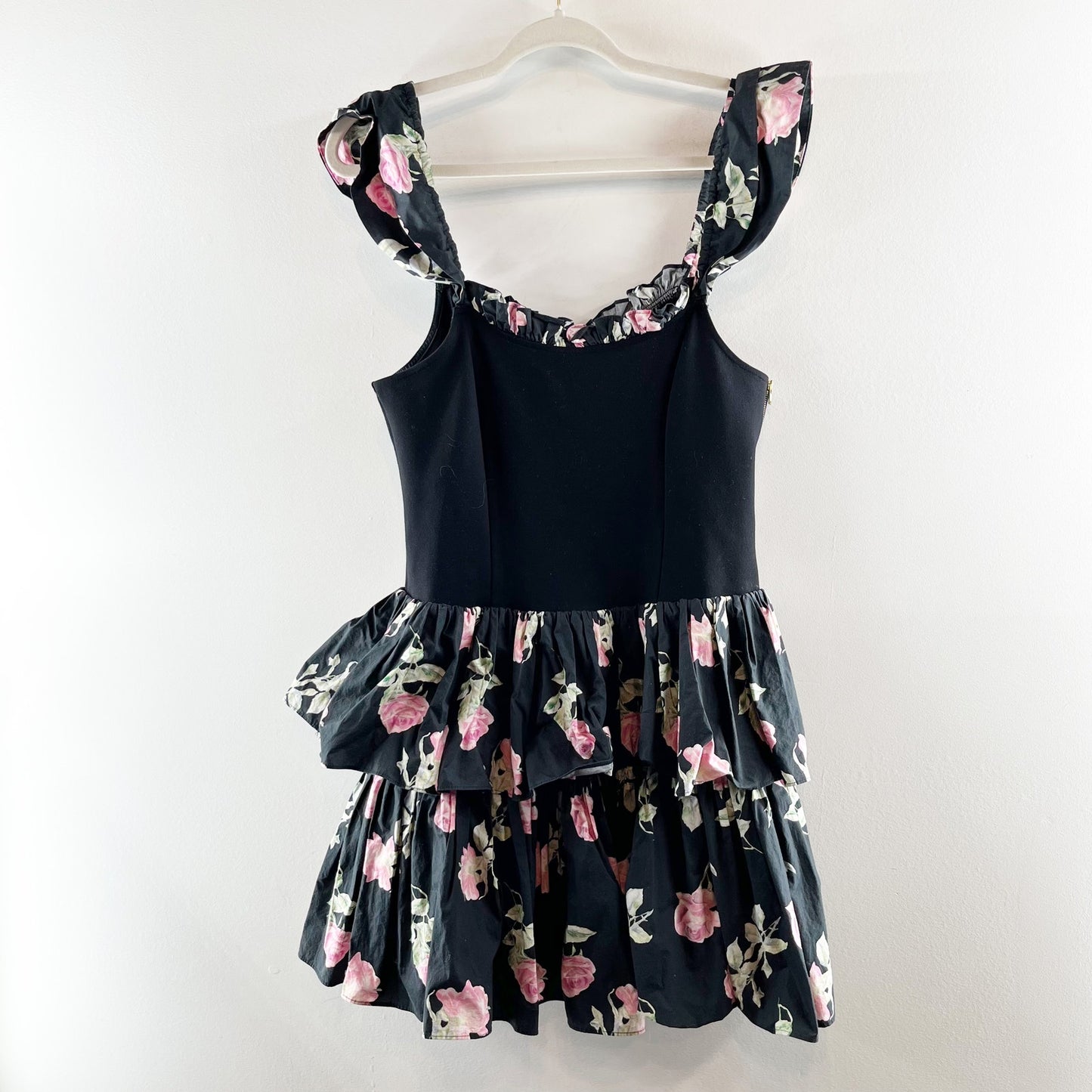 LoveShackFancy Sanam Ruffle Tiered Floral Mini Dress Black 10