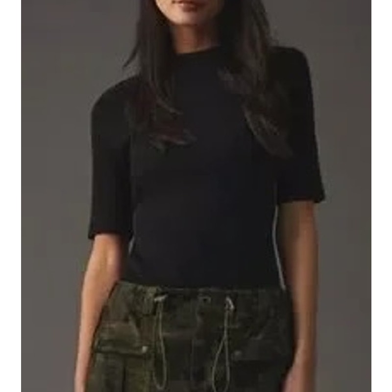 Maeve Anthropologie Ribbed Mock Neck Elbow Length Sleeve Top Black XS