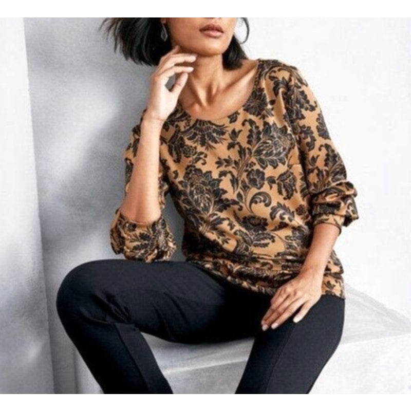 Soft Surroundings Long Sleeve Satin Paisley Blouse Top Brown Black Large