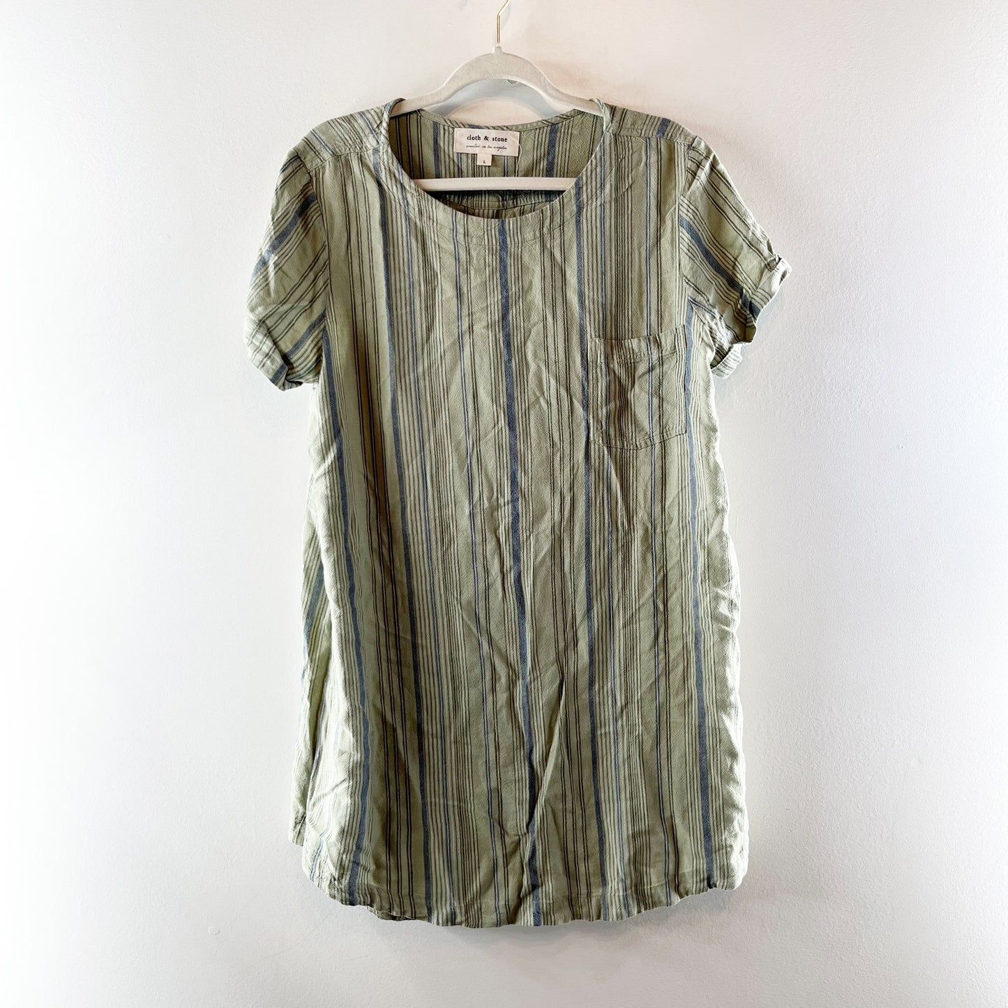 Cloth & Stone Short Sleeve Striped Mini Linen Blend Tee Shirt Shift Dress Green