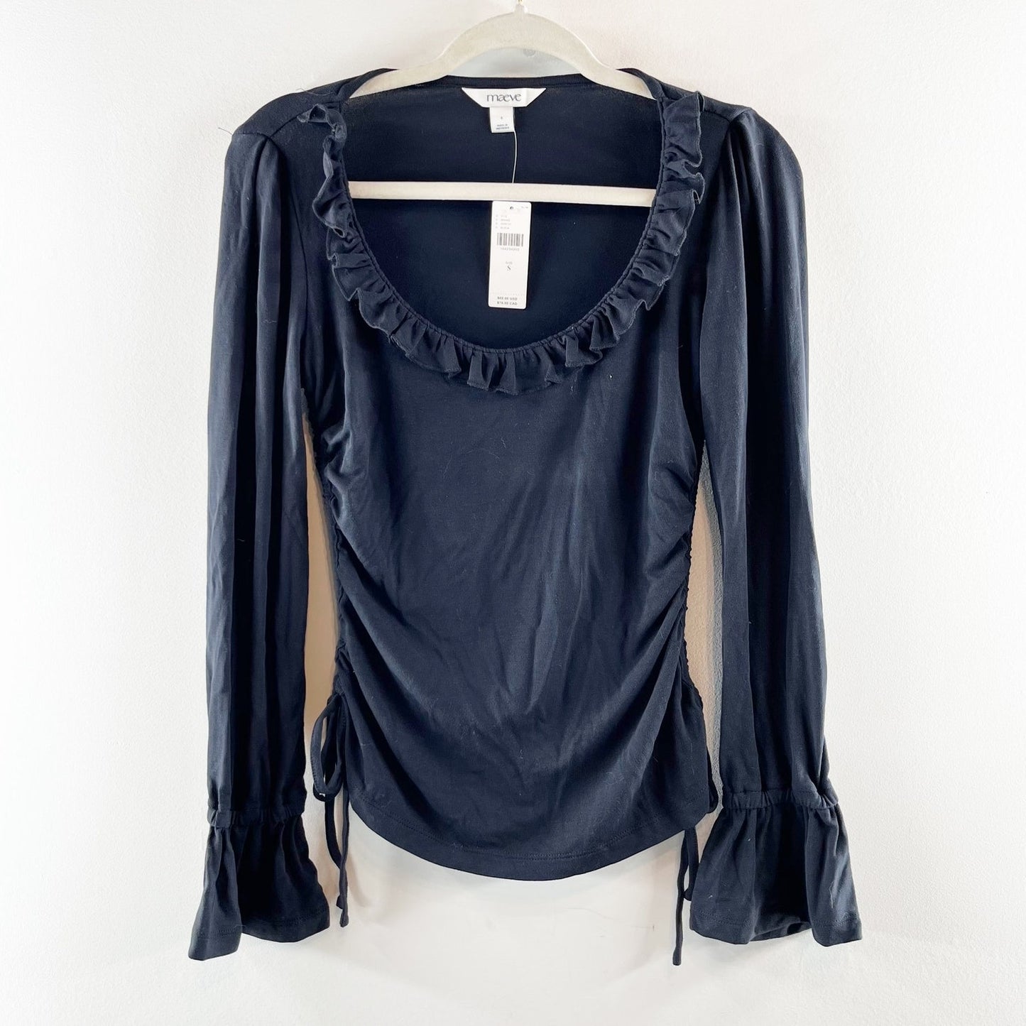 Maeve Anthropologie Long Sleeve Ruffle Scoop Neck Ruched Top Black Small