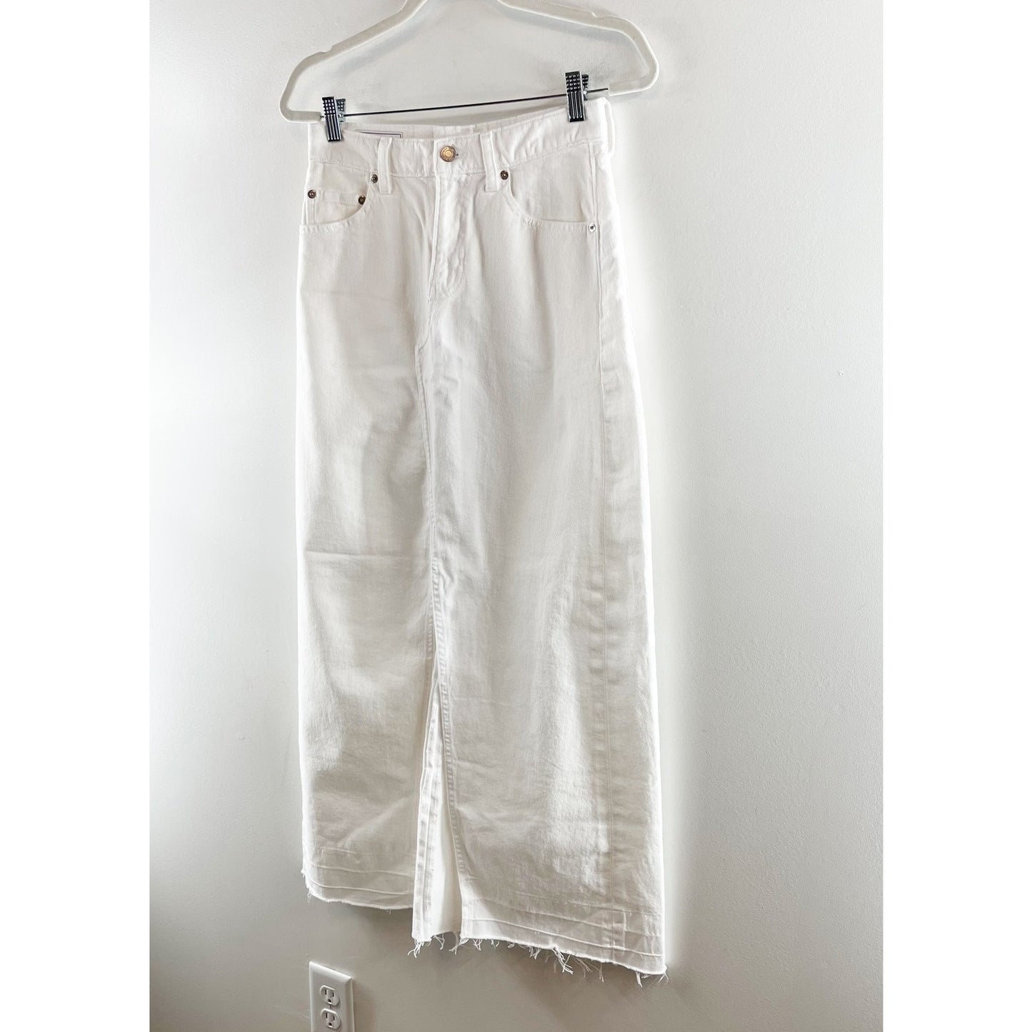 GAP Cotton A Line Raw Hem Slit Denim Midi Skirt White 2 / 26