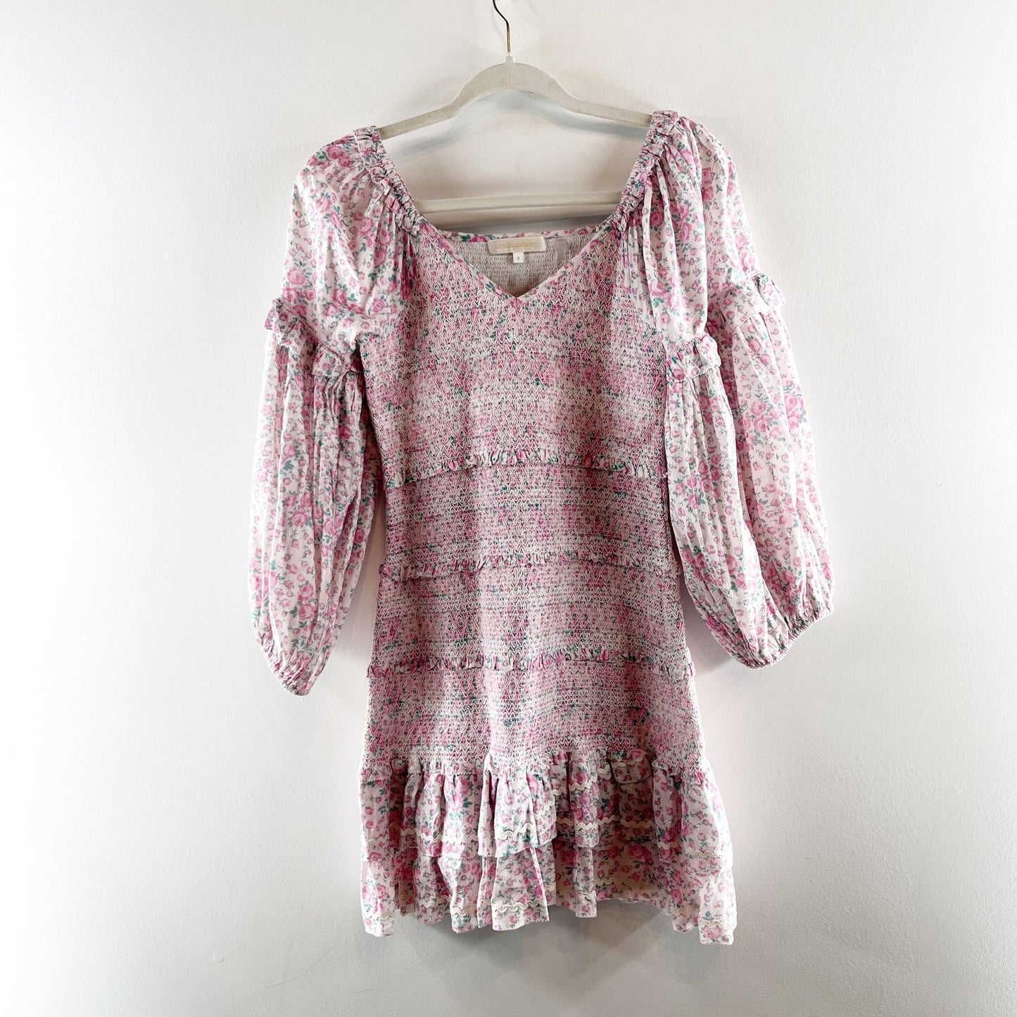 LoveShackFancy Ensley Cotton Smocked Mini Dress Pink Candy Heart Print Small